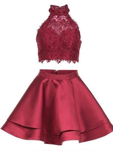 Cute Blue Two Pieces Lace Satin Short Prom Dress Homecoming Dress