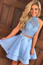 Cute Blue Two Pieces Lace Satin Short Prom Dress Homecoming Dress