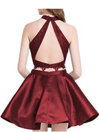 Cute Blue Two Pieces Lace Satin Short Prom Dress Homecoming Dress