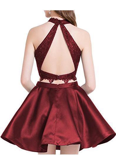 Cute Blue Two Pieces Lace Satin Short Prom Dress Homecoming Dress