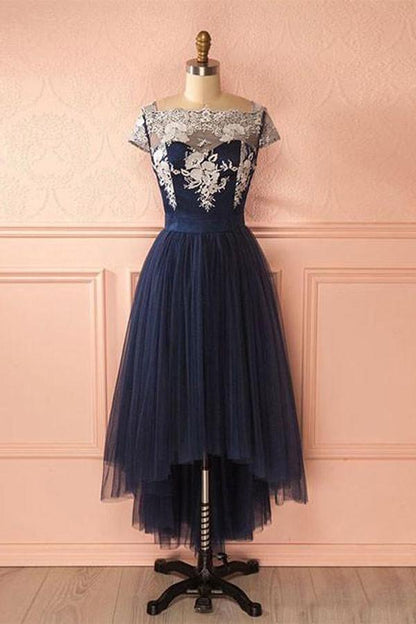 Lindo vestido de fiesta de tul azul oscuro con encaje, corte alto y bajo, vestidos de noche