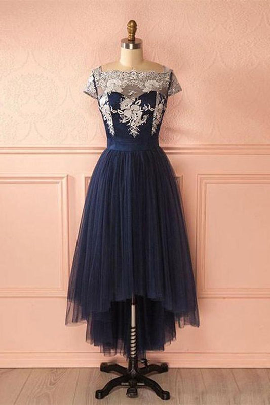 Lindo vestido de fiesta de tul azul oscuro con encaje, corte alto y bajo, vestidos de noche
