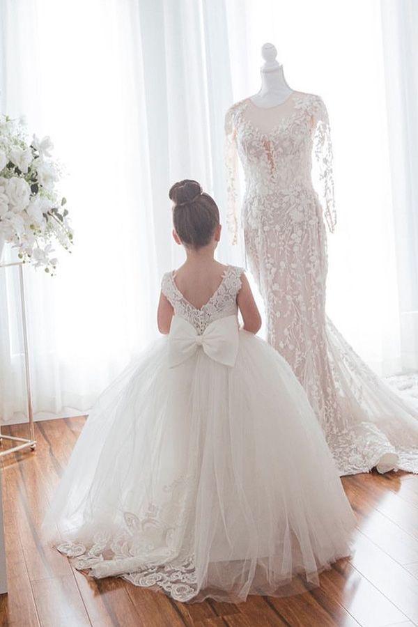 NumberSea - Cute Ivory Long Ball Gown Tulle Sleeveless Flower Girl Dresses