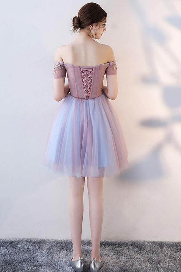 Vestito corto da ballo con spalle scoperte in tulle e pizzo grazioso, abito per serata di gala