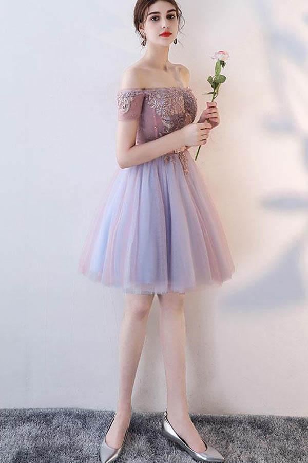 Vestito corto da ballo con spalle scoperte in tulle e pizzo grazioso, abito per serata di gala