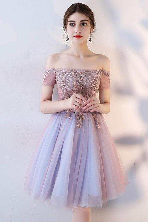 Vestito corto da ballo con spalle scoperte in tulle e pizzo grazioso, abito per serata di gala