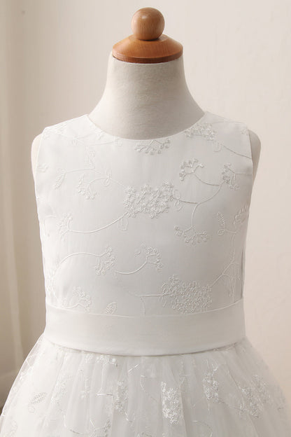 Cute Long A-line Jewel Lace Sleeveless Flower Girl Dresses