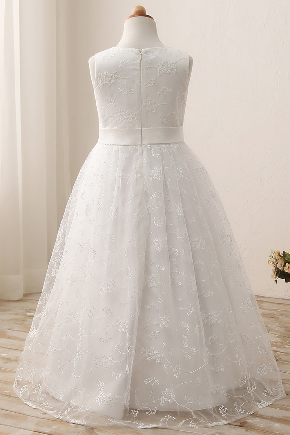 Cute Long A-line Jewel Lace Sleeveless Flower Girl Dresses