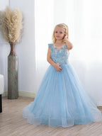 Boho Blue Tulle Flower Girl Dress With Sequin Bow Detail