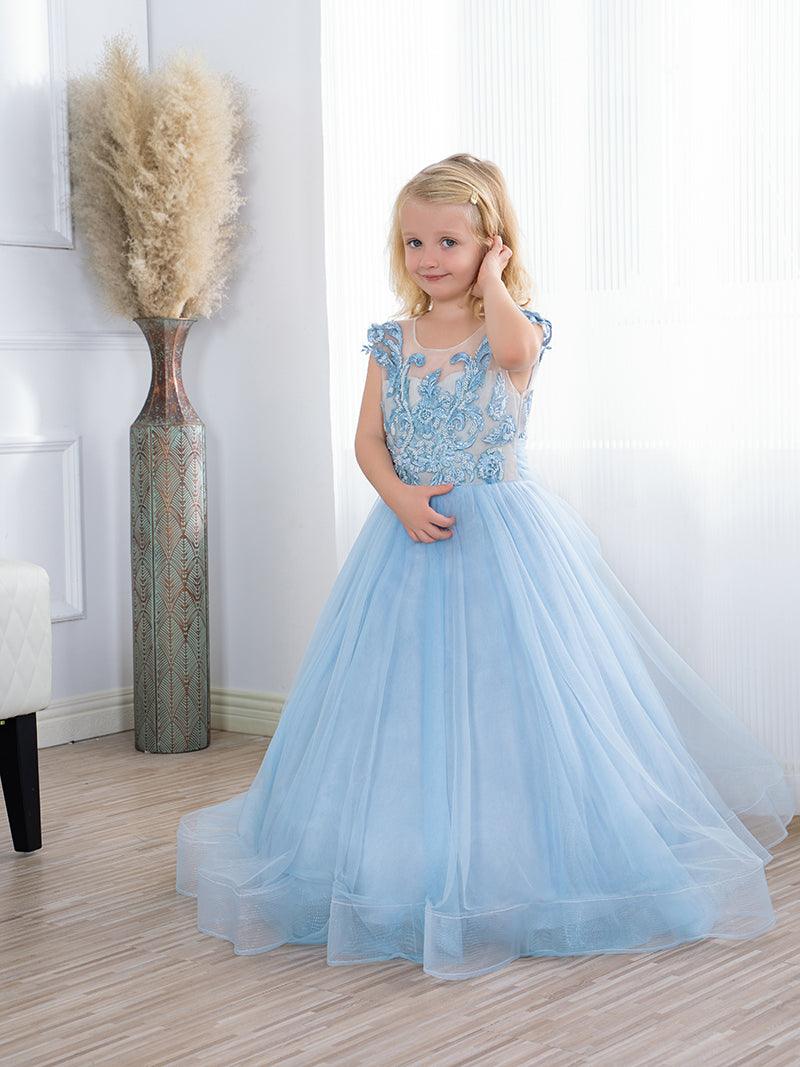 Boho Blue Tulle Flower Girl Dress With Sequin Bow Detail