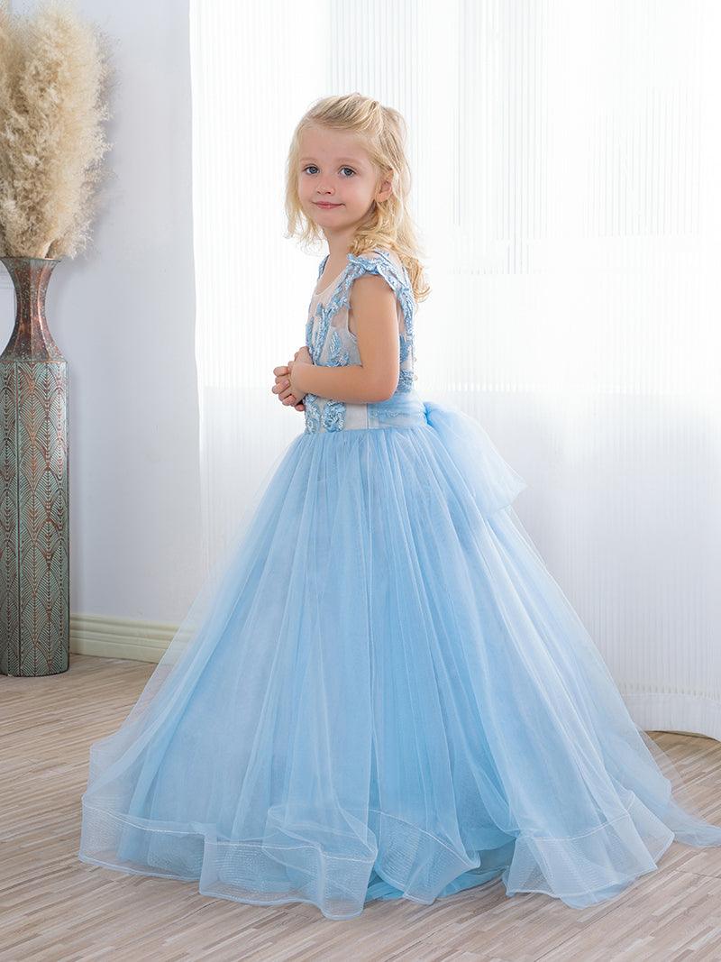 Boho Blue Tulle Flower Girl Dress With Sequin Bow Detail