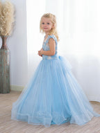 Boho Blue Tulle Flower Girl Dress With Sequin Bow Detail
