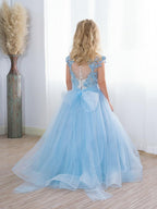 Boho Blue Tulle Flower Girl Dress With Sequin Bow Detail