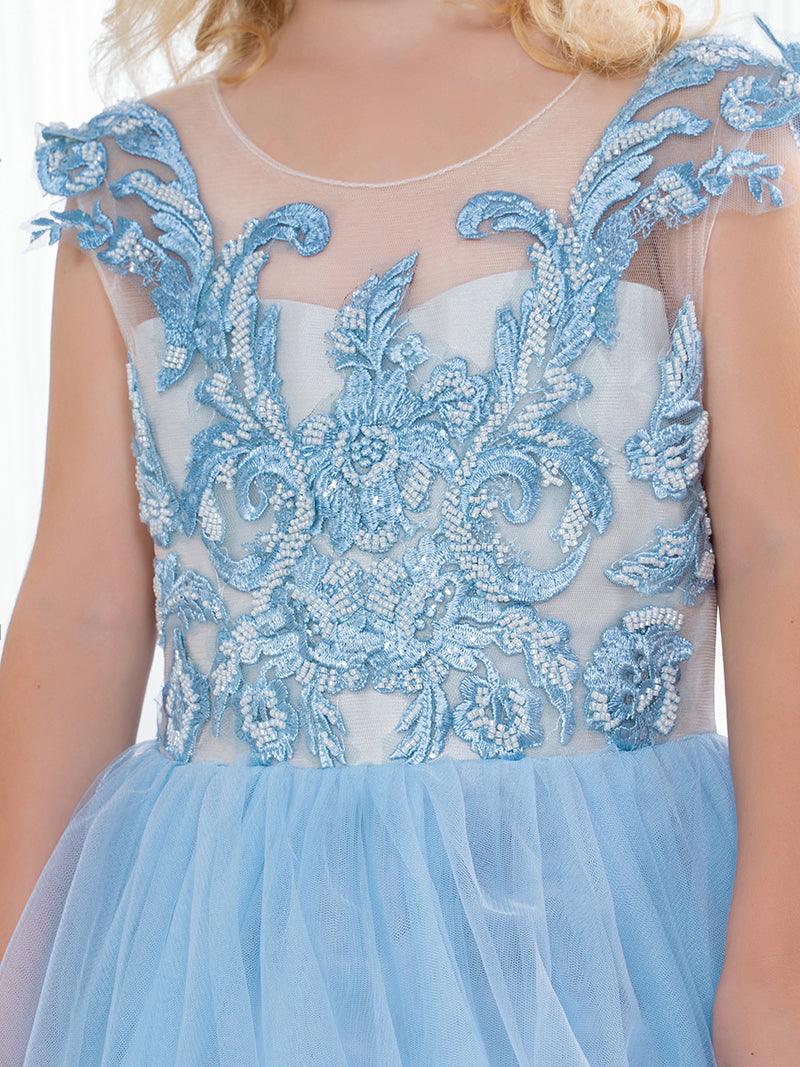 Boho Blue Tulle Flower Girl Dress With Sequin Bow Detail