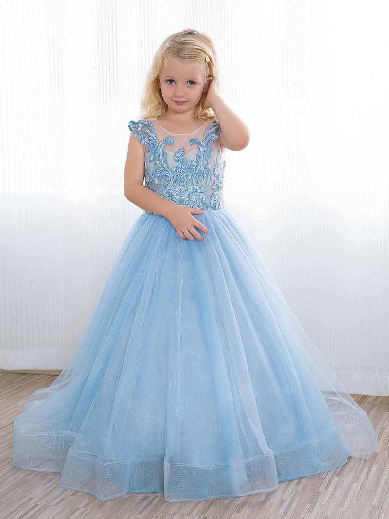 Boho Blue Tulle Flower Girl Dress With Sequin Bow Detail