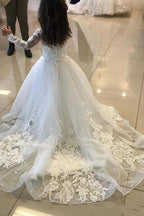 Jewel Neckline Long Sleeve Lace Tulle Flower Girl Wedding A Line Dress