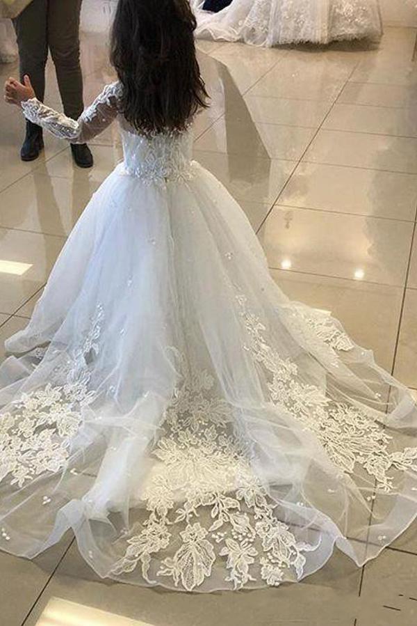 Jewel Neckline Long Sleeve Lace Tulle Flower Girl Wedding A Line Dress
