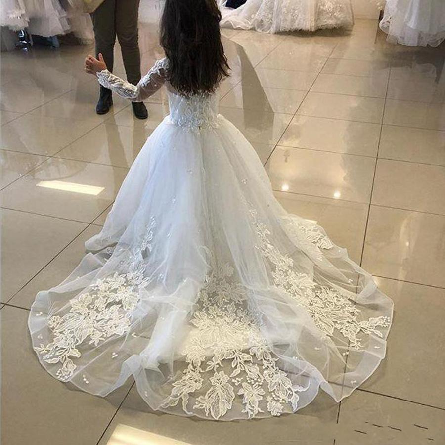 Jewel Neckline Long Sleeve Lace Tulle Flower Girl Wedding A Line Dress