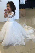 Jewel Neckline Long Sleeve Lace Tulle Flower Girl Wedding A Line Dress
