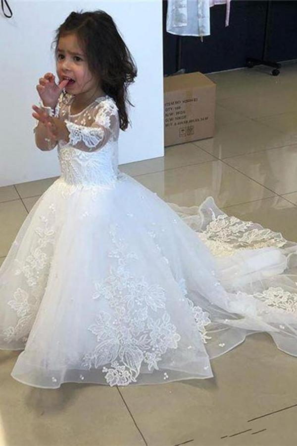 Jewel Neckline Long Sleeve Lace Tulle Flower Girl Wedding A Line Dress