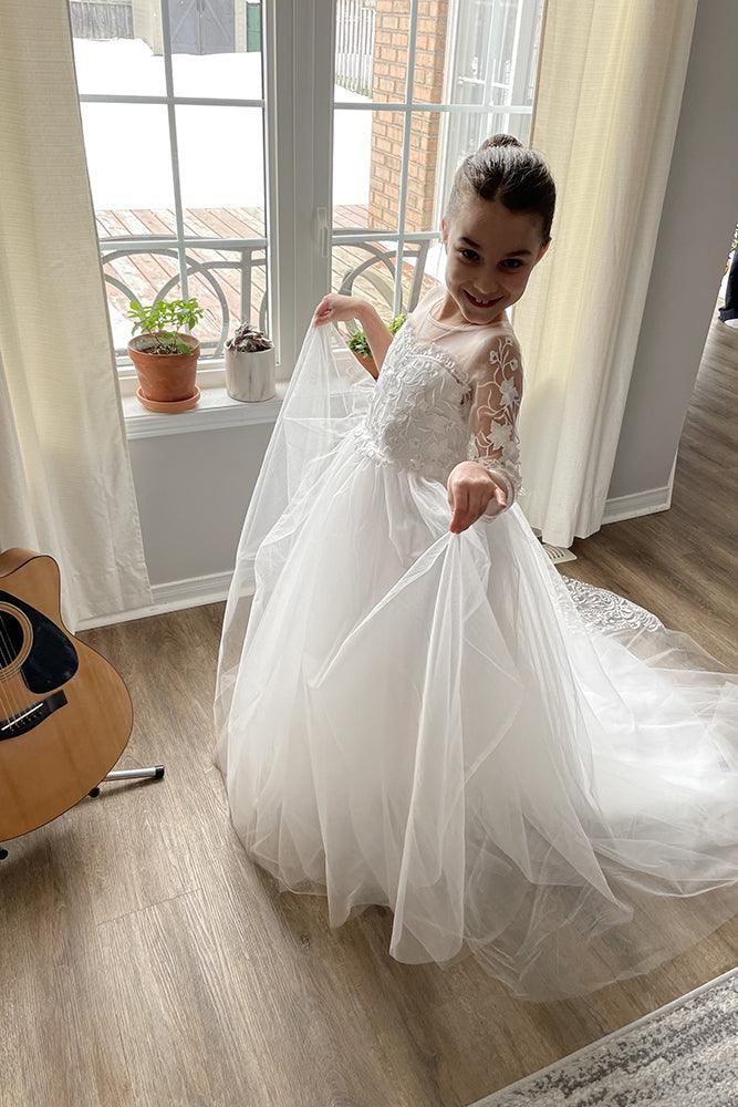 Long Boho A Line Lace Tulle Flower Girl Dress With Bow Sleeves