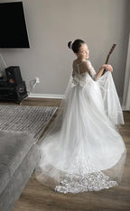 Long Boho A Line Lace Tulle Flower Girl Dress With Bow Sleeves