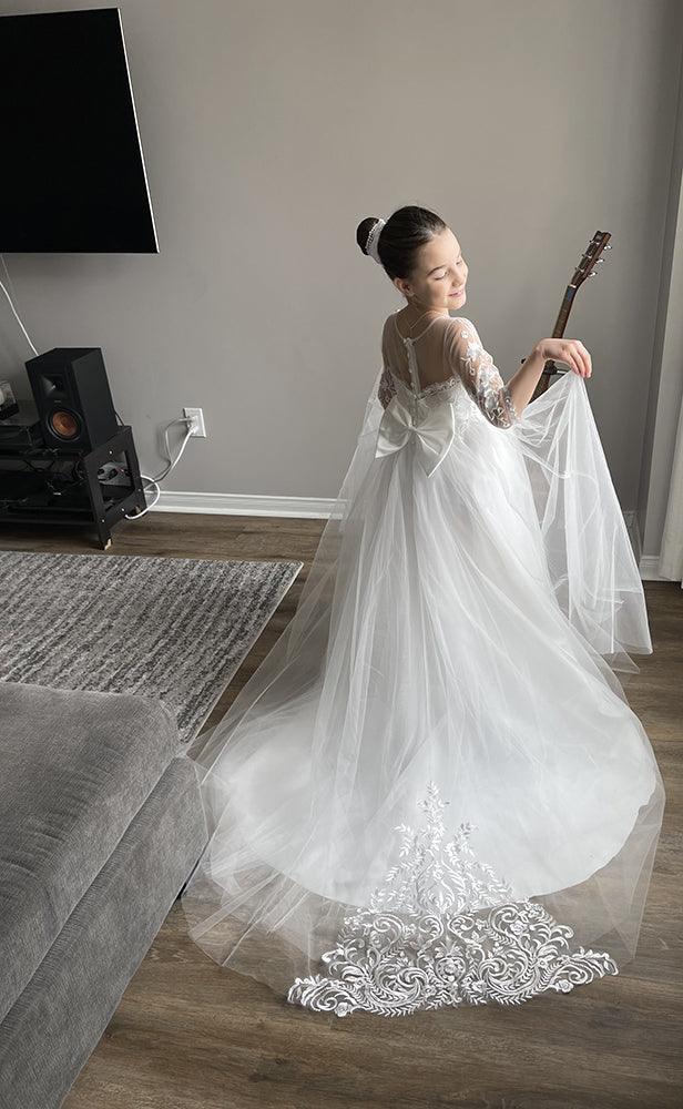 Long Boho A Line Lace Tulle Flower Girl Dress With Bow Sleeves