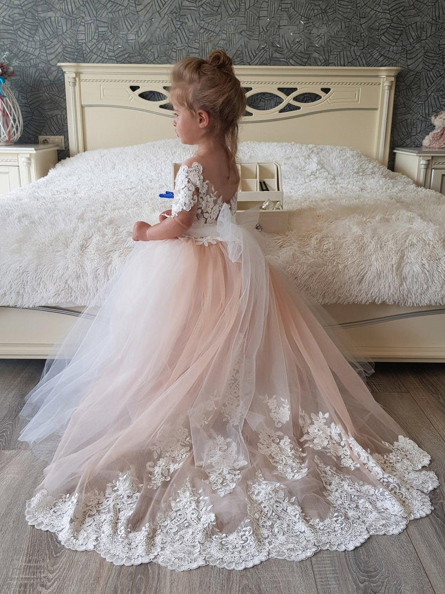 Princess Boho Flower Girl Dress Tulle Lace Half Sleeve Applique