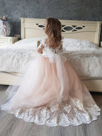 Princess Boho Flower Girl Dress Tulle Lace Half Sleeve Applique