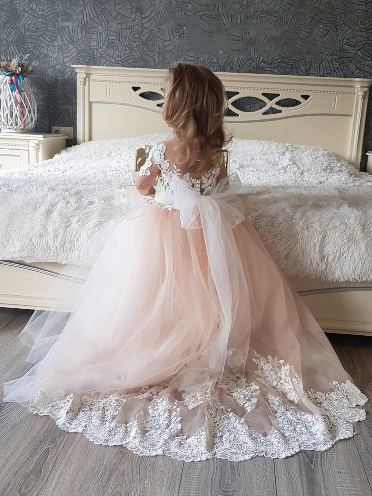 Princess Boho Flower Girl Dress Tulle Lace Half Sleeve Applique