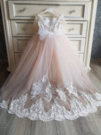 Princess Boho Flower Girl Dress Tulle Lace Half Sleeve Applique