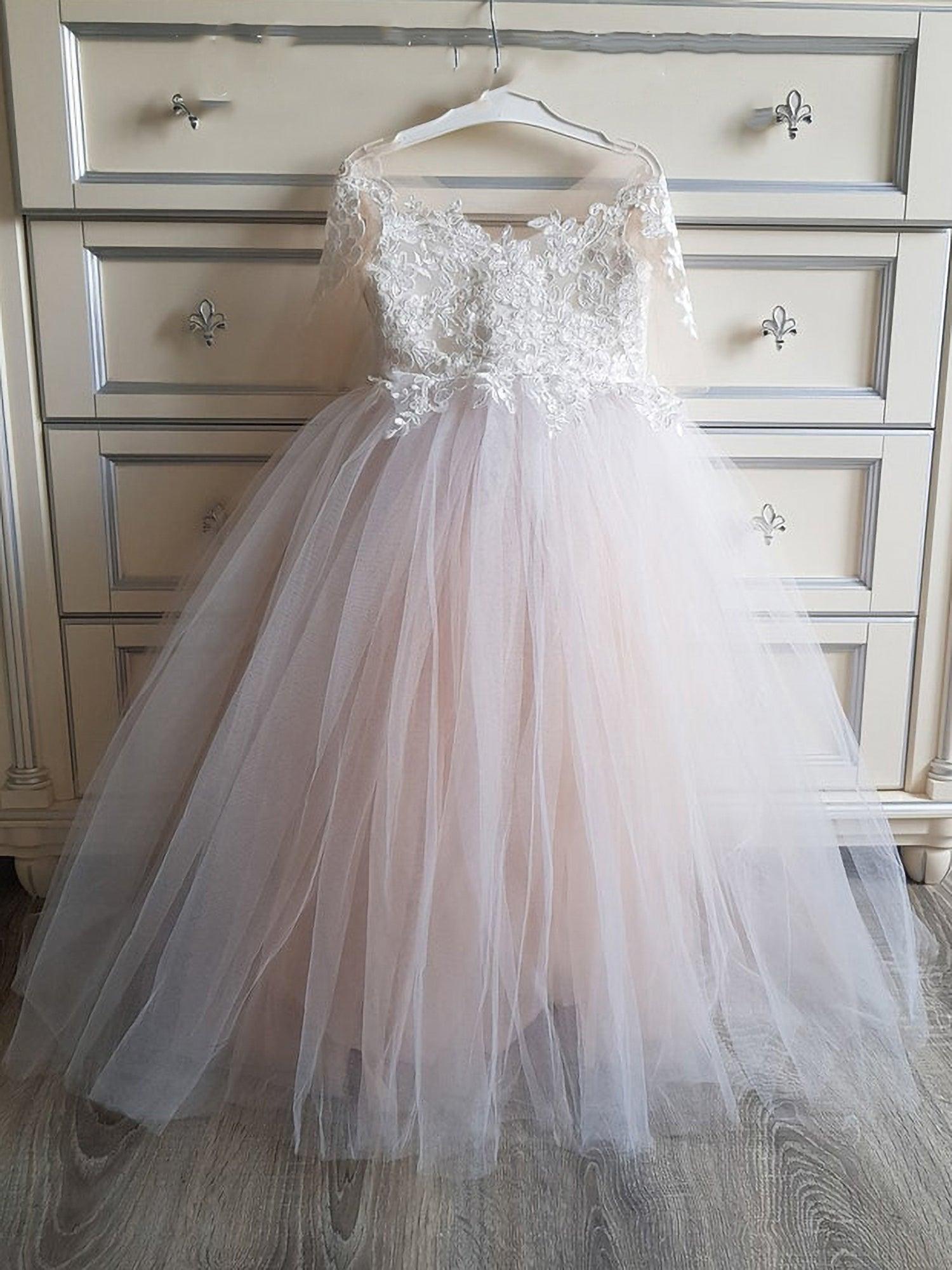 Princess Boho Flower Girl Dress Tulle Lace Half Sleeve Applique