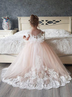 Princess Boho Flower Girl Dress Tulle Lace Half Sleeve Applique