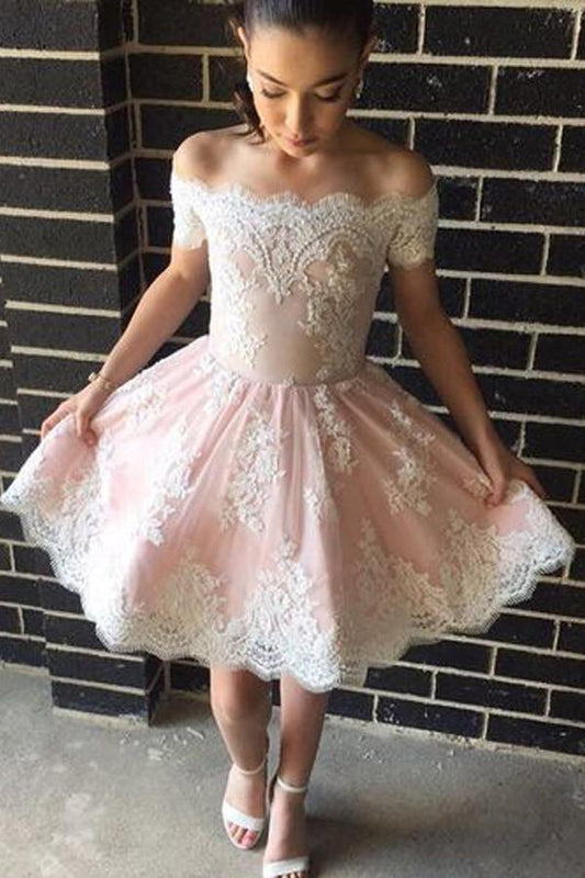 Cute Off The Shoulder A-line Short Pink Lace Homecoming Dress