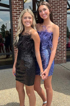 Cute Sequins Feathers Strapless Sleeveless Short Prom Dresses
