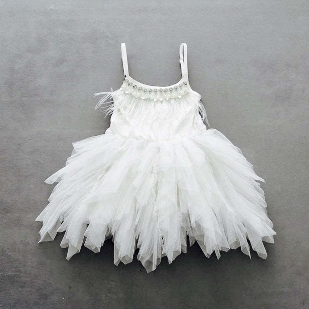 Charming Short A Line Flower Girl Dress Spaghetti Straps Feather Trim