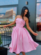 Cute Short A-line Strapless Satin Prom Homecoming Dresses