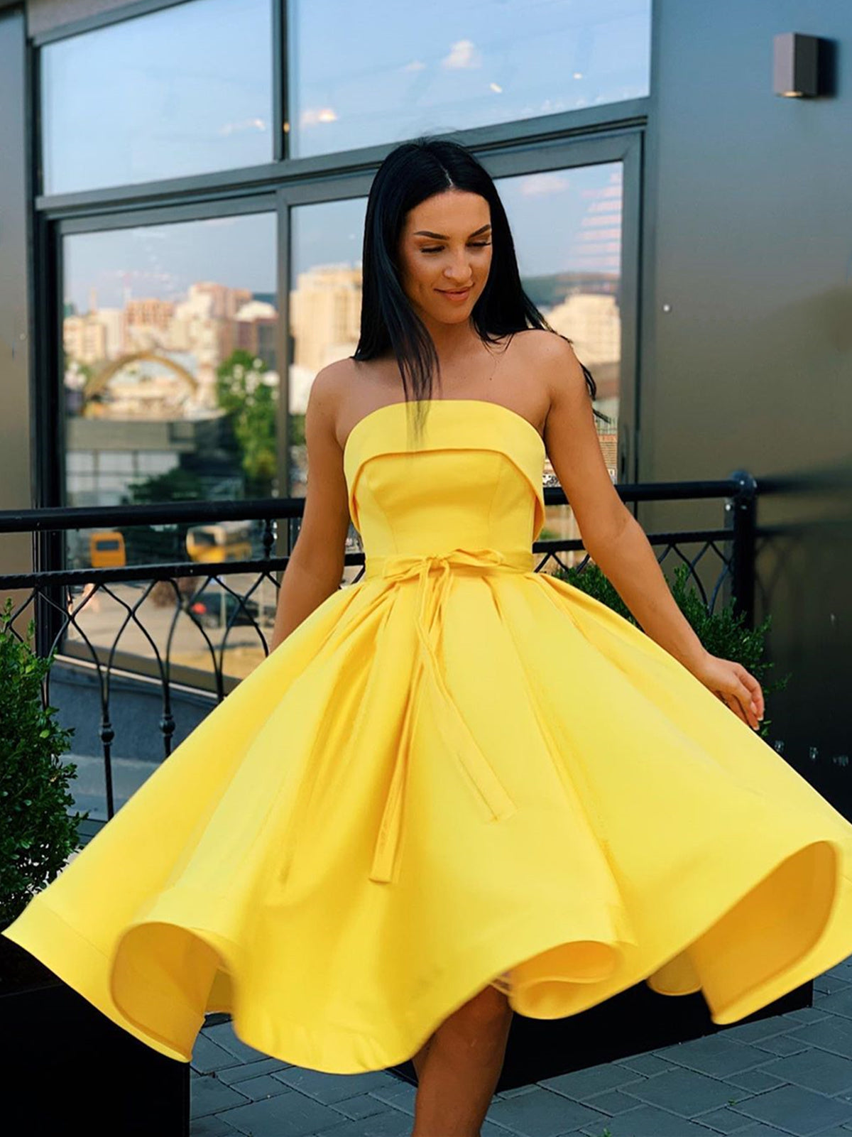 Cute Short A-line Strapless Satin Prom Homecoming Dresses