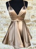 Cute Short A-line V Neck Satin Prom Homecoming Dresses