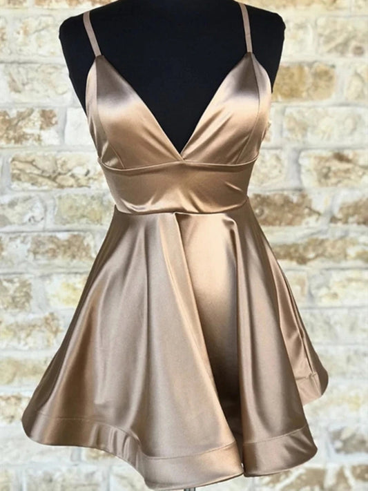 Süßes kurzes A-Linien-Abendkleid aus Satin mit V-Ausschnitt und Heimkehr