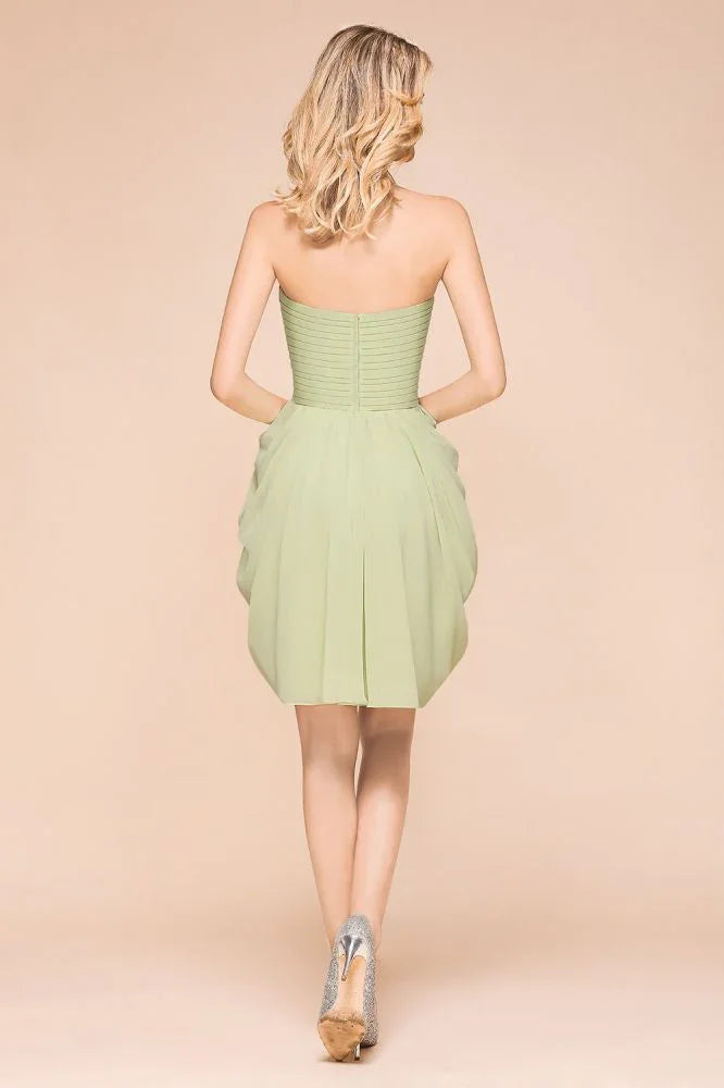 Vestido Mini de Dama de Honra com Folhos, Sem Mangas, Justo e em Chiffon, para Convidada de Casamento