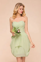 Vestido Mini de Dama de Honra com Folhos, Sem Mangas, Justo e em Chiffon, para Convidada de Casamento