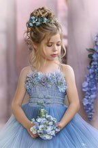 Dusty Blue Ruffled Puffy Princess Flower Girl Dresses With Spaghetti Straps