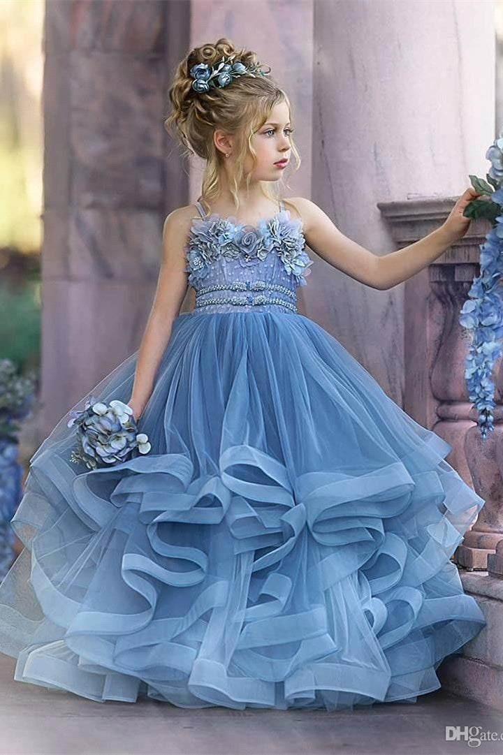 Dusty Blue Ruffled Puffy Princess Flower Girl Dresses With Spaghetti Straps