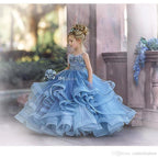 Dusty Blue Ruffled Puffy Princess Flower Girl Dresses With Spaghetti Straps