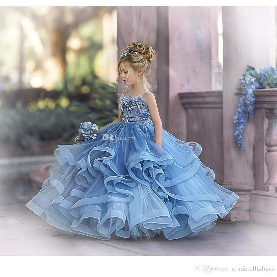 Dusty Blue Ruffled Puffy Princess Flower Girl Dresses With Spaghetti Straps