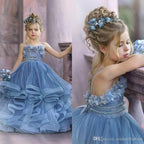 Dusty Blue Ruffled Puffy Princess Flower Girl Dresses With Spaghetti Straps