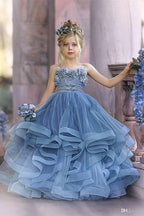 Dusty Blue Ruffled Puffy Princess Flower Girl Dresses With Spaghetti Straps