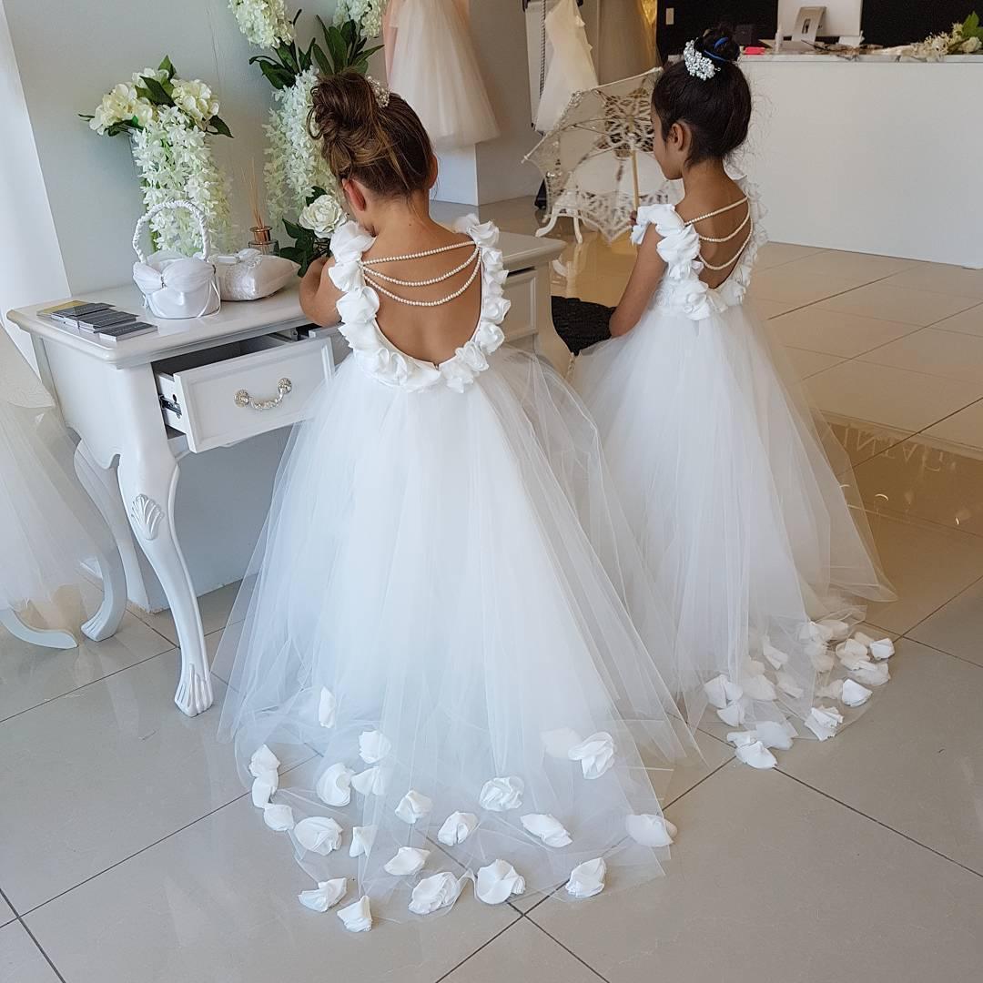 Sleeveless Pearl Applique Tulle Flower Girl Wedding Dress