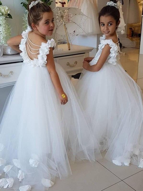 Sleeveless Pearl Applique Tulle Flower Girl Wedding Dress
